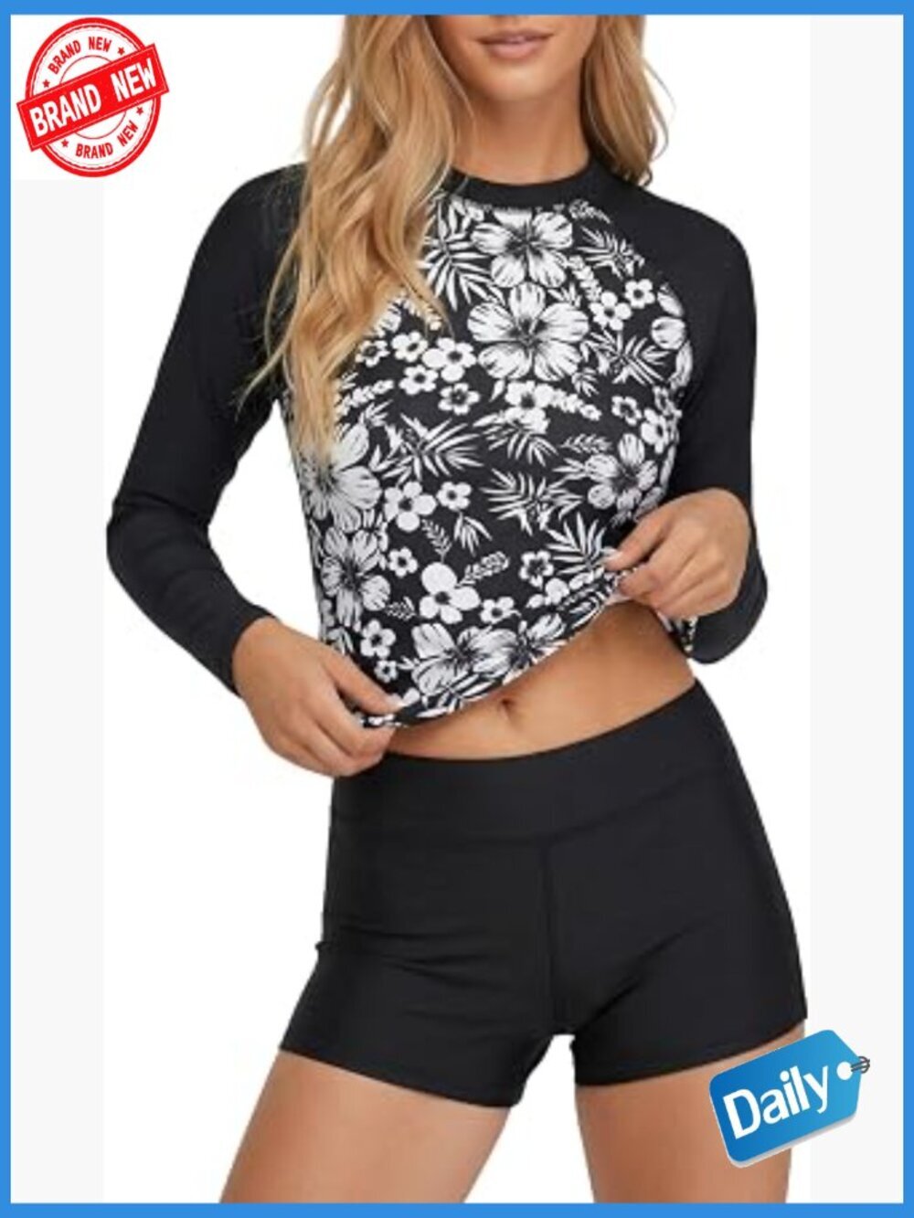 Women's Long Sleeve Rash Guard & Swim Shorts Set UPF 50+ Quick Dry